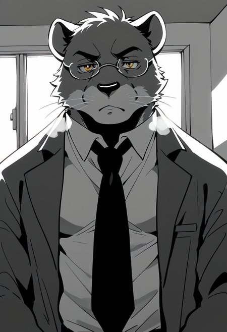 score_9, score_8_up, score_7_up, high quality, hires, by fruitz, furry, male, panther, solo, detective coat, rimless glasses, open clothing, tie pull, open shirt, yellow eyes, standing, three quarters, looking at viewer, serious, breath, monochrome, inside, close up, <lora:Fruitz_style:1.2>