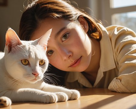 raw Photo,cinematic film still,(((detailed facial features))),(very detailed skin:1.2),realistic details,close-up,
amazing quality,simulated film particles,wallpaper,analog film grain,detailed character expressions,full_shot,from_above,ass_focus,
(masterpiece, 8k, ultra realistic, perfect lighting, photography from above:1.5),light red and amber,
In the morning, in a bedroom, sunlight shone through the window. The bedroom had no lights on, and a 20-year-old girl was squatting in front of the desk, wearing pajamas. There was a white cat on the table, and the 20-year-old girl was teasing the cat with her hands. Her face and body were blocked by the desk, and she could only see her eyes and mouth. The 20-year-old girl's gaze was on the cat, and she was looking straight at the cat (an ant was crawling over the table), (The cat is observing ants), the golden sunlight shines on the 20-year-old girl and the cat, projecting beautifully.
<lora:sd_xl_dpo_lora_v1:0.4>,
