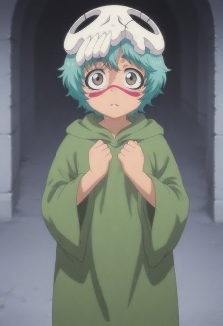 masterpiece, best quality, amazing quality,,, shiny skin,,,,,, skull hair ornament, green robe, <lora:illustriousXL Nel V1:1> Blue hair, brown eyes