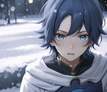 incredibly absurdres, best quality, 8k wallpaper, sharp focus, fine edges, depth of field, sideways, rabbit pose, looking at viewer, (teenage male character, 1boy, male focus, dark blue hair, swept bangs), (surprised:1.2), wearing superhero with no jewelry or neckwear, outdoors and snow, finely detailed background, amazing background