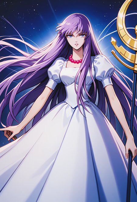score_9, score_8_up, score_7_up, best quality, intricate details, masterpiece, souce_anime BREAK
<lora:SaoriKido_Pony_v08:1> athenakido, puffy dress, pearl necklace, holding staff, 
parted lips, cosmic background,