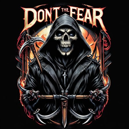 impactful color paint of  a gritty version of a reaper holding a scythe,  Text "DON'T FEAR THE REAPER" , highly detailed, vibrant colors , 8k, sharp, professional, clear, high contrast, high saturated, vivid deep blacks, crystal clear, <lora:Rock_Metal_Style:1>
