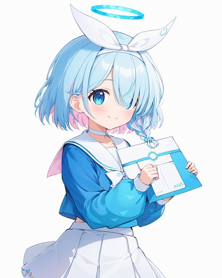 arona \(blue archive\),1girl, solo, holding_envelope, halo, white_skirt, hair_over_one_eye, white_background, smile, simple_background, serafuku, single_braid, arm_behind_back, letter, white_choker, white_sailor_collar, long_sleeves, pleated_skirt, blush, bow_hairband, ribbon, white_bow, blue_shirt, white_hairband, closed_mouth, puffy_sleeves
<lora:arona_(blue_archive)_image5127_2023-12-02-000009:1>halo. gorgeous,key visual, vibrant, studio anime,award-winning, professional, highly detailed,high budget, cinemascope