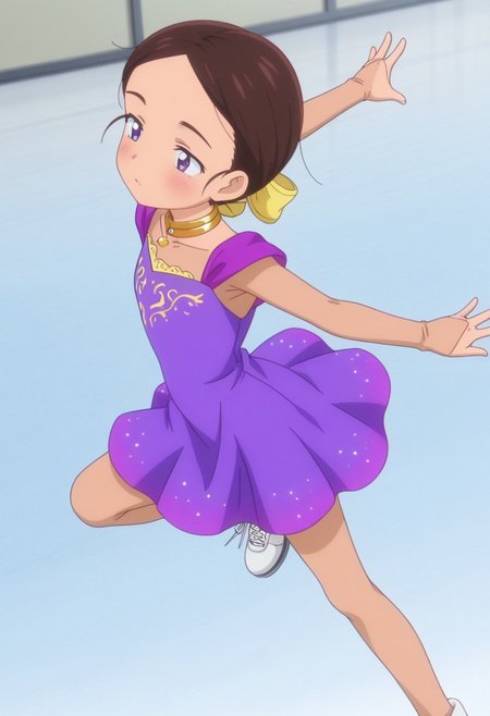 Masterpiece , best quality , amazing quality , anime screencap   , ice skater , a girl , emayamato , purple sleeveless dress , brown hair  ,  posing