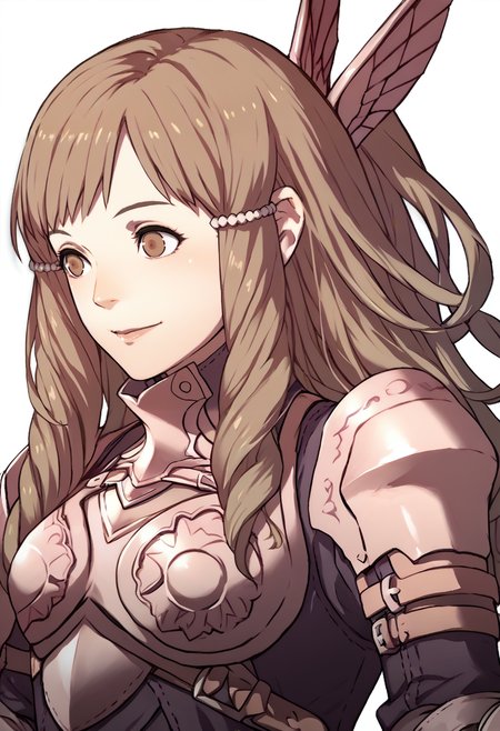 score_9, score_8_up, score_7_up, source_anime, 1girl, smile, <lora:zs_FE3HPortraitsXL:1> fe3hportraits, upper body, white background, <lora:fesumia-pdxl-nvwls-v1:1> sumia, brown hair, brown eyes, wing hair ornament, purple dress, short dress, belt, armored dress, pink armor
