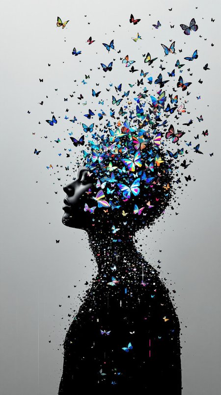 A human silhouette shattering into a flock of glitching digital butterflies against a stark, minimalist data-void. Surreal, symbolic transformation, emotional, beautiful color aberrations, fine art photography style.