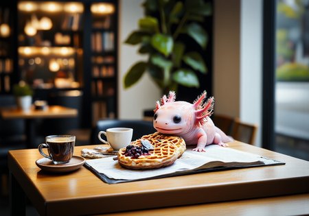 A miniature diorama of an image shot with significant tilt shift effect of tiny axolotls, high angle view, side view of a pink axolotl in a tiny cafÃ© nook by a window, reading a miniature book while enjoying a small stack of waffles with powdered sugar and berry compote; its round black eyes are focused on the book, and its frilly gills sway gently as it sips a tiny cup of coffee; raindrops trickle down the window, casting soft, reflective shadows, and the tilt-shift effect blurs the nearby wooden tables, shelves lined with books, and soft lighting, creating a peaceful, cozy reading atmosphere, the tiny axolotls have pink frilly gills and round black eyes<lora:Axomodel_Flux_V1.1.safetensors:0.9:0.9> <lora:Diorama_Flux.safetensors:1.5:1.5>
