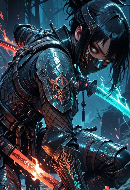 (masterpiece), (best quality), (8k), 1girl, cinematic lighting, dynamic action pose, highres, very detailed, amazing quality, masterpiece, fujimoto_tatsuki, fujimoto_tatsuki_(style), 
very aesthetic, intense,
particle effect,
1girl, shadowheart, samurai, solo, layered samurai armor, engraved, bodysuit, tight clothing, fishnets, sleeveless, futuristic armor, runic symbols etched in armor, armored legs, full mask, halfmask, flaming katana, 
assassin theme, japan theme,
looking at viewer, tough pose,
mountains, 
at night, night, close up, closeup,