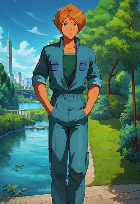 zPDXL2, score_9, score_8_up, score_7_up, 1boy, guillaume_ts!, green eyes, ginger hair, light tanned skin, green shirt, jumpsuit, look at viewer, hands in pocket, city background, Paris, river, bridge, park, sc3n3ry