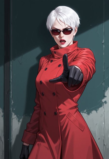 masterpiece, best quality, detailed, realistic, cowboy shot, serious, open mouth, 1girl, Strangelove, short hair, white hair, sunglasses, lipstick, red coat, black gloves, mole under mouth, pointing finger, outstretched arm,