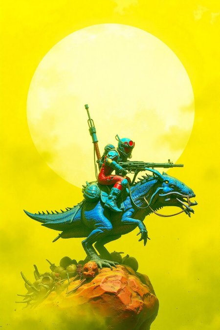 pascalblanche1 illustration. 
A bright yellow moon dominates the background. A figure in a blue and red suit with helmet and goggles rides a blue reptilian creature with sharp claws and a curved beak. The rider holds a weapon and is positioned on rocky ground scattered with skulls and debris. <lora:pascalblanche1_cap_d8a4:1.0><lora:860255382063335281:0>