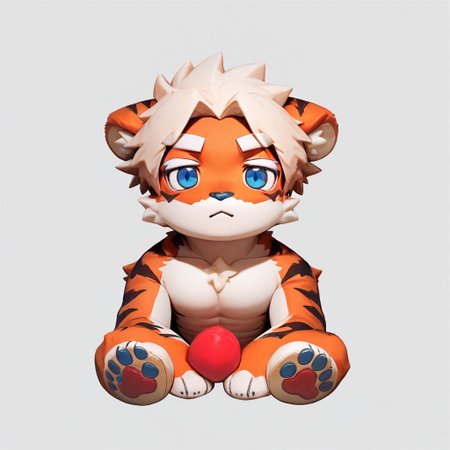 score_9_up, score_8_up, score_7_up, source_furry, milkytiger, tiger ears, tiger boy, white eyebrows, blue eyes, 1boy, solo, mikus-fumo. full body, looking at the view, fumo style, sitting, simple background, toys, toys