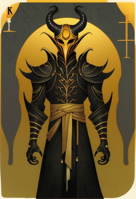 dark grey background, art déco, occultist, antiquarian, ((male tiefling)), byzanthine man in black and yellow robes, (ornate censer), ((man wearing golden ibis mask)), (((man wearing turban))), ((upwards shoulder pads)), golden horns, golden wings