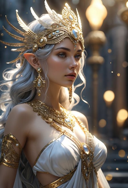 woman, (fantasy:1.8), glittering silver and gold theme, (goddess:2.2), alluring, (sexy:1.5), upper body focus, (detailed face:1.6), (detailed eyes:1.3), (godrays:1.5), (photo realism:1.8), (full body possible, wide angle:1.5), (sensual expression:1.6), (glistening skin:1.5), (elaborate costume:1.4), toga-like robe with silver and gold detailing, (flowy hair:1.6), (styled hair:1.4), (bejeweled headdress:1.6), (graceful posture:1.6), flashing (eyes:1.5), (scepter:1.5), golden, with silver gems, (oculus artifact:1.5), (orbiting miniature moons:1.4), (shimmering aura:1.4), (enhanced bokeh:1.5), (light flares:1.4).