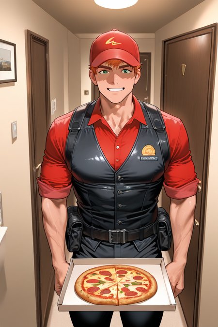 expressive manly face, 1boy, NapoliPizzaguy, orange hair, green eyes, short hair, manly, muscular, pecs, bara, smile, toned male, looking at viewer, red baseball cap, delivery uniform, red shirt, rolled up sleeves, black vest, black pants, belt, pouch bag, pizza delivery, holding pizza box, indoors, door, door frame, pov from inside a hotel room, man outside the hotel room, shadow, dynamic angle, atmospheric perspective, intricately detailed, depth of field, masterpiece, best quality, amazing quality, very aesthetic, absurdres, newest, very awa