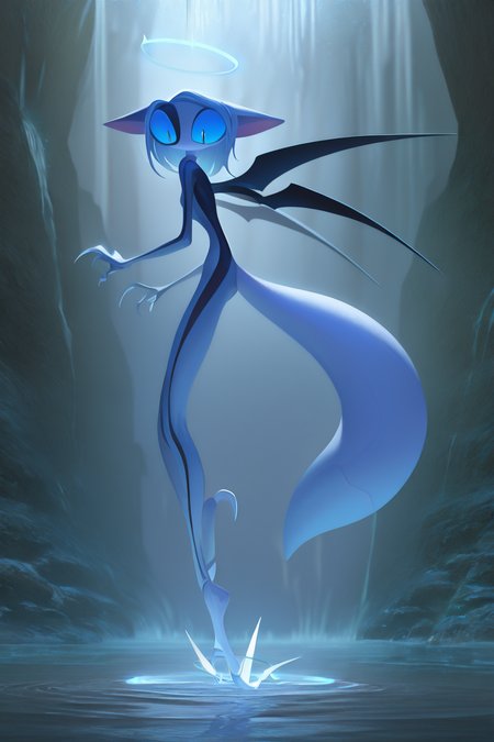 wisp, 1girl,solo,(close up),,body focus,blue eyes,animal ears,tail,full body,wings,water,no humans,halo,claws,waterfall backround,
masterpiece, best quality, amazing quality, very aesthetic, absurdres,  newest, 
epic detailed backround (volumetric lighting), 
 ,<lora:wisp_illustrious:1>,
