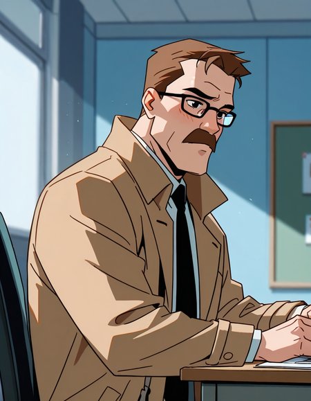 lazypos,<lora:Commissioner_James_Gordon_-_The_Batman-000019:1>,<lora:Batman_-_IO_Illustrious:0.5>,<lora:BatSup_Anim_90s_ILXL:0.4>,<lora:Commissioner Gordon:1>,western Comic book style:1.5,DC Comics:1.3,photorealistic, impressionism (1.5), high detail,male focus, face focus, eye focus, depth of field, (blurred background), (dramatic lighting), masterpiece, best quality, very aesthetic,8k,masterpiece, best quality,masterpiece, best quality, 8k,1 boy,POV from across a desk,an interview in an office,side view,1boy (Commissioner James Gordon, Facial Hair, Mustache, Glasses, Brown Hair, Black Eyes, glasses, tan coat, tie, sitting in an office chair, in an office, in front of a desk, looking embarrassed), detailed face, detailed eyes, skin texture