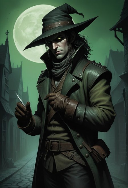Dark Fantasy Artwork of a lean pale highwayman (picking his nails) with a thin straight dagger, one leather glove off, beneath a pale creepy green moon, (top half of his face obscured by shadow). He wears a medieval leather jacket, (floppy bicorn hat with wide brim,) tight trouser with a woolen codpiece, and long riding boots. DarkestDungeon artstyle. Karl Kopinski artstyle, very detailed. Dark foggy alley in the 1500's background,