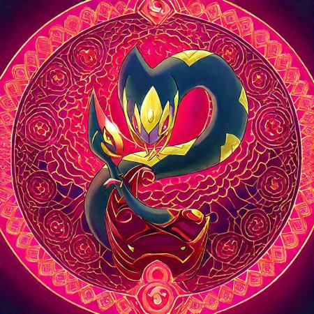 colored Mandala style, medium stylized pattern, (deep_purple, black, red, gold),Seviper, serpentine, vertical_figure_eight_pattern, intricate_design, symmetrical, traditional_mandala,  ()glowing_golden_elements), luminous, mystical, highly_detailed, intricate_scales, geometric_patterns, harmonious_composition, masterpiece, balanced, precise, artistic, reverence, Pokémon