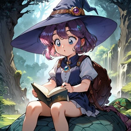 score_9,score_8_up,score_7_up,score_6_up, source_anime,<lora:Faux_Retro_XL:1>, (8k, masterpiece, best quality, cinematic lighting, ultra high res), (extremely detailed image, high resolution, 5k resolution:1.0), (ultra HD quality details), 1girl, cute mage girl, chibi, wizard hat, (((sitting on giant turtle))), sitting on turtle, turtle, ((girl on top of turtle)), (((giant turtle))), reading book, looking at book, grimoire, surprised, in front of castle ruin, castle ruin, mystical forest, perfect hands, good lighting, retro artstyle, blue eyes, Expressiveh