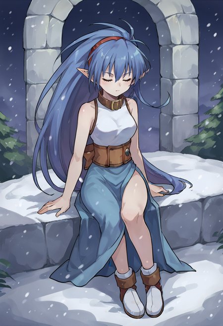 score_9,score_8_up,score_7_up,anime coloring BREAK source_anime,anime,<lora:Celsius_Tales_of_Eternia:0.8>,celsiuse,1girl,solo,blue hair,long hair,very long hair,ponytail,pointy ears,colored skin,hairband,sleeveless,collar,dress,side slit,closed eyes,sitting,outdoors,full body,Snow-covered Ruins,