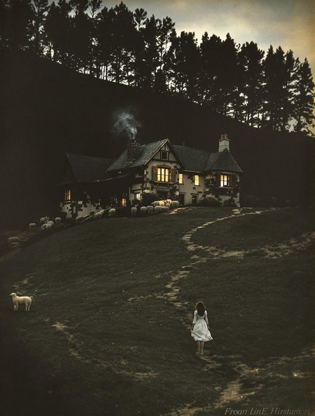 An old haunting colorized photograph of an antique cottage on a hill in the pyrenees foot hills, seen from a distance from the woods.  The historical documentary photograph was expertly composed.  The house windows are warmly lit and a faint smoke is seen rising from the chimney.  It seems isolated and hard to access, centered and far away.  A pastoral scene in the foreground is broken up through the ascending landscape by trees.  A young shepherdess woman is seen in the distance from behind, her hair and dress blow in the wind to reveal her sensational legs, as if to tease without being too forward.  There is a dangerous and wild vibe to the picture.  Shadows are long and eerie at twilight, but the long exposure enhances the incredible beauty of the scene.