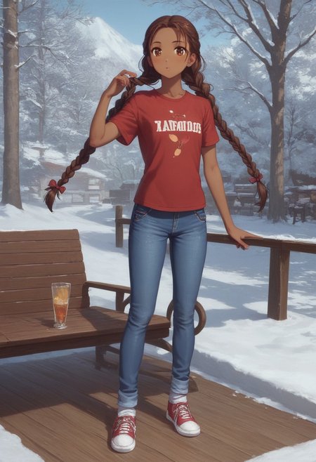 score_9, score_8_up, score_7_up, 1girl, solo, Mexican, brown hair, brown eyes, dark skin, detailed eyes, long hair, braids, pigtails, hair ties, T-shirt, blue jeans, sneakers, different socks, standing on porch, postmodern house, glass, snow, tree, next to kyo_sohma