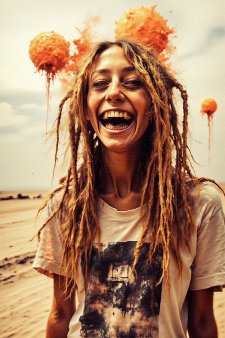 A highly detailed extreme close-up of a laughing, busty French girl with striking, thick, light-blonde dreadlocks as the focal point. Her wild, sun-kissed dreads cascade around her face, some strands adorned with glowing orange beads that pulse softly like embers. The texture of her locks catches the light, emphasizing their depth and movement. She wears a retro band shirt, its faded print barely visible beneath the warm, overexposed desert light. Her freckled skin glows, her radiant smile full of life and warmth, eyes crinkling with unfiltered joy.
Sharp, vibrant glitch effects cut through the soft, pale tones, distorting the edges of the image in jagged streaks of orange and red, as if reality itself is unraveling. Behind her, barely visible through the hazy clouds, two vibrant orange-red glitch-like suns flicker, dissolving into the distorted sky.
Nistyle, monochrome analog photo, extreme face close-up, a vibrant, free-spirited girl, exuding retro charm and rebellious energy, hyper-detailed photorealistic, with stark glitch accents against a soft, washed-out aesthetic.
Dark Art