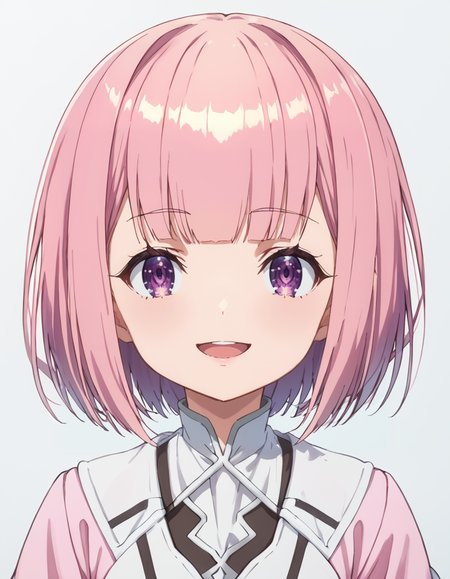 score_9, score_8_up, score_7_up, source_anime, BREAK
1girl, solo, looking at viewer, light smile, simple background, open mouth, upper body, portrait,
short hair, pink hair, bob cut, blunt bangs, purple eyes,
white dress, pink coat,
lululi ashford (girumasu),
<lora:lululi_ashford-girumasu_s1-pxl-anime-soralz:1>