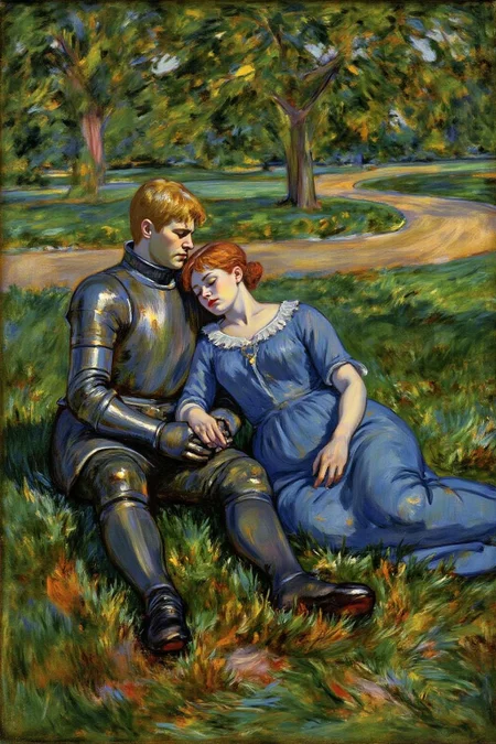 lautrec1 painting
a blonde knight and a lady sitting under a tree. The lady wearing a blue dress. The knight is sleeping with his head on the leg of the lady  <lora:lautrec4_nocap_d6a3:1.0><lora:813631359227644070:0>