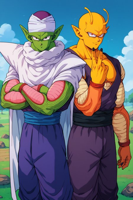 score_9, score_8_up, score_7_up, score_6_up, 2boys,side-by-side, cowboy shot,looking at viewer, blue sky, grass, tree, rock,pointy ears,   <lora:PiccoloPonyV2:0.5>  
BREAK piccolo, 1boy, green skin, (pink patches:1.05), white turban, white cape, shoulder pads, purple dougi, purple pants, blue sash, serious, crossed arms,black eyes
BREAK  orange piccolo, 1boy, yellow skin, yellow patches, purple dougi, purple pants, black sash, mature male, smile, peace sign, v, hand up, red eyes, slug horns, black nails, sharp nails
