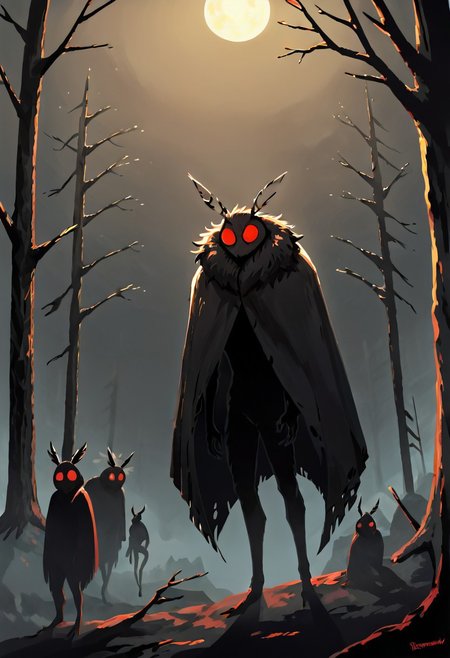 score_8_up, score_7_up, masterpiece, ultra detailed, distant view of mothman crouched on the branch of a spooky tree, black fur, red eyes, antennae, mouthless, cloak, silhouette, dark sunset behind, dynamic, EnhanceImage