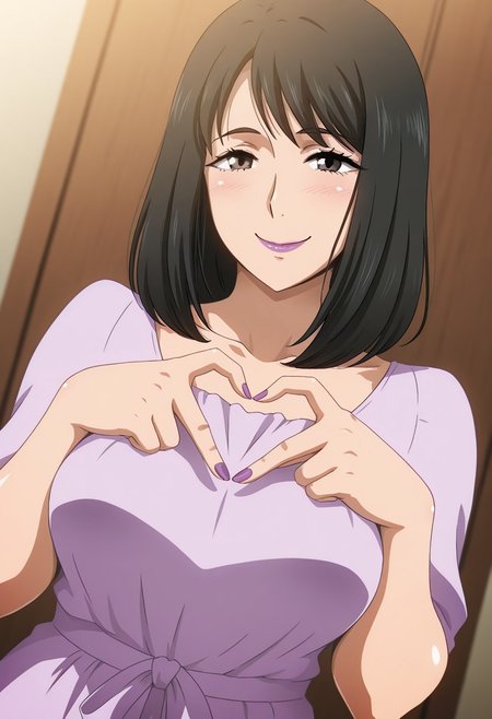 , 1girl, solo, medium build, medium hair, sfw, safe for work, covered skin, flowy dress,  black eyes, purple lipgloss, smiling, portrait, upper body, heart hands, mature female, foreshortening, detailed, newest, shiny skin, cowboy angle, solo focus, medium breasts, hara