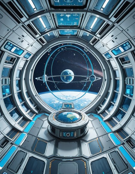 The interior of a massive orbital space station, high above a blue and green Earth-like planet. The setting is a panoramic observation deck with towering reinforced windows that curve around the structure, offering a breathtaking view of the planet below and the star-filled void beyond. The stationâs architecture is sleek and functional, blending advanced human technology with subtle design flourishes â brushed metal walls, glowing interface panels, and clean geometric lines.
Soft white lighting lines the floor and ceiling panels, while ambient blue lights provide a calming atmosphere. Transparent digital displays float in the air, projecting live telemetry, spacecraft traffic, and real-time planetary data in holographic form. In the center of the room, a circular command table displays a rotating 3D projection of the planet and orbital routes.
In the background, the low hum of life support systems and distant radio chatter add to the immersive realism. Cables and utility panels are subtly integrated into the environment, and security doors lead to other compartments of the station. The entire space feels controlled, precise, and filled with purpose â a hub of advanced civilization silently orbiting in the cold beauty of space.<lora:SDXLFaeTastic2400:0.4> <lora:extremely_detailed:0.4> extremely detailed,space station c0ntr0l c3nt3r, <lora:space_station_c0ntr0l_c3nt3r-i:1>, Masterpiece,best quality,hi res,8k,hi res,8k,award winning,(sharp focus, intricate, highly detailed),