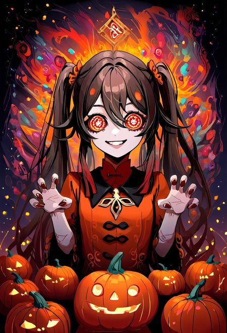 score_9, score_8_up,source_anime, 
 (scenary:1.2), Dynamic light, looking at viewer, zzPumpkinHouse, occultoculi, Hu_Tao_(Genshin_Impact), smile, @_@ , red eyes, brown hair, long hair, twintails, symbol-shaped pupils, scary pumpkin costume, ruffles, standing, upper body, claw hands, nails Black | Orange ,, Halloween background, pumpkins, Pumpkin Lights,,