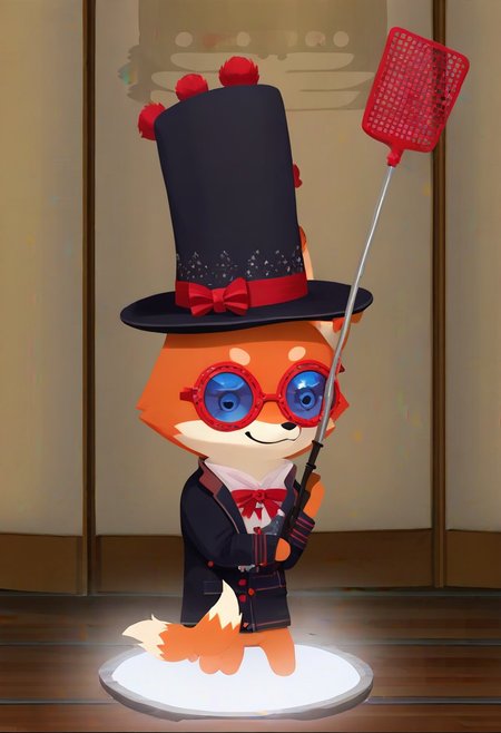 Super Animal Royale, detailxl, score_9, score_8_up, score_7_up, score_6_up, score_5_up,, detailed eyes, detailed face, detailed hands, top down full body view,  NightScapes, fox, cozy atmosphere, creative light overlay, 4k, masterpiece, (masterpiece), best quality, (4K), (cinematic lighting), highly detailed, 8K, UHD, ultra detailed, immersive picture, vivid colors, volumetric light, cinematic light, extremely detailed CG, fox is wearing a jacket and a hat while holding a flyswatter