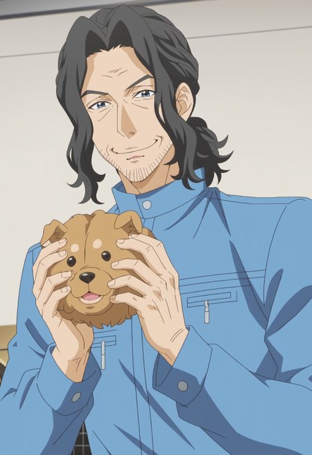 safe_pos, safe_pos, score_9, score_8_up, rating_nsfw, ultra hd, absurdres, best quality, masterpiece, masculine, solo, 1boy, male focus, best anatomy, best eyes, best hands, sexiest man alive, erotic, gay porn, hand with five fingers, mature male, anime screencap

DogFujiwara, stubble, facial hair, old, blue tracksuit, black hair,  anime screencap, dutch angle, half body, looking at viewer, holding puppy, smiling