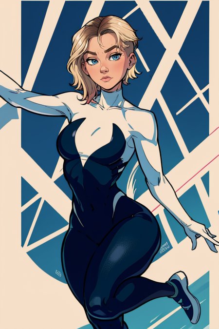 masterpiece,best quality,extreme detail,8k,image sharpness,<lora:Gwen:1>,gwendolyn,1girl,solo,short hair,blue eyes,blonde hair,standing pose,(curvy), jumping from a skyscraper