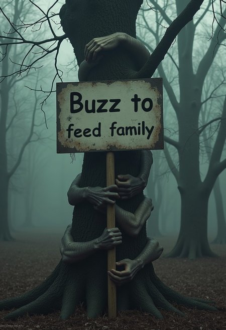 This haunting and surreal image depicts a twisted tree in a dark, misty forest, unnaturally entwined with numerous human arms and hands clutching its trunk at various heights. Among them, one large, pale, lifelike hand prominently holds a big, weathered sign that reads "Buzz to feed family," making it an unmistakable focal point in the eerie scene. The oversized sign contrasts sharply with the organic elements, amplifying the unsettling fusion of the natural and the unnatural. The dimly lit forest and muted tones enhance the chilling atmosphere, evoking themes of entrapment, desperation, and a haunting connection between humanity and nature, leaving an impression of unease and foreboding