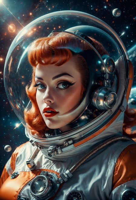 (a realistic photo in the retro art style), a retro-futuristic close-up portrait of a curvy and playful pin-up wearing a cosmonaut spacesuit floating in space <lora:retro_XL_2:0.8>