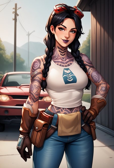 score_9, score_8_up, score_7_up, score_6_up, source_anime, BREAK masterpiece,  <lora:jULESFN:0.9>,  JulesFN, twin braids, black hair, red googles on head, tantkop,full-body tattoo, jeans, gloves, belt pouch, nose ring, purple lips,  garage, upper body, hand on own hip, smile, looking at viewer, breasts,