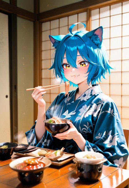 masterpiece, general, best quality, amazing quality, very aesthetic, ultra-detailed, absurdres, highres, newest, 1girl, short hair, royal blue hair, cat ears, ahoge, hair between eyes, yellow eyes, :3, fang, smile, yukata, heyashoku, food, table, eating, holding chopsticks, happy, steam,