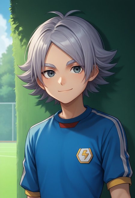 score_9, score_8_up, score_7_up, source_anime, highly detailed, 
fubuki, 1boy, male focus, solo, grey hair, grey eyes, sportwear, soccer uniform, inazuma japan soccer uniform, shirt, light blue shirt, short sleeves, shorts, grey shorts,upper body, smile, slender, skinny, closed mouth,
outdoor,