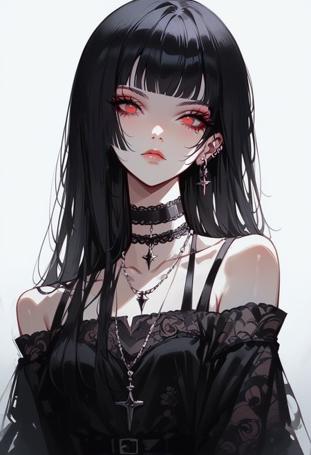 zPDXL3, score_9, score_8_up, score_7_up, Goth girl, 1girl,solo, 2d,looking at viewer,long hair,bangs,simple background,black hair,red eyes,bare shoulders,jewelry,closed mouth,collarbone,earrings,choker,blunt bangs,necklace,makeup,cowboy shot, <lora:g0th1cPXL:0.3>,  , <lora:Goth_girl_XL-v2:0.8>,  <lora:JohnKafkaXLP:1>, <lora:Concept Art Twilight Style SDXL_LoRA_Pony Diffusion V6 XL:0.8>