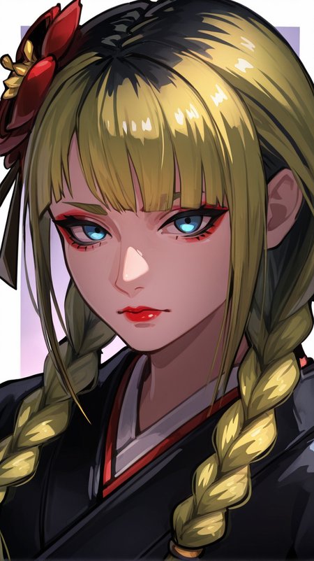 1girl, solo, long_hair, looking_at_viewer, bangs, blue_eyes, hair_ornament, closed_mouth, upper_body, braid, flower, multicolored_hair, japanese_clothes, kimono, twin_braids, makeup, lipstick, portrait, red_lips, black_kimono