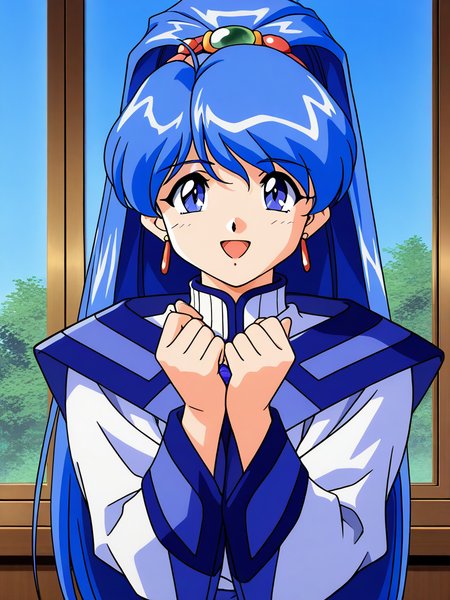 general,highres, game cg, ultra-detailed,very aesthetic,best quality ,best hands,  BREAK   <lora:Sakuya_Lansaihe_IS:1>Sakuya_Lansaihe, very blue hair, long hair, blue eyes, high ponytail, long sleeves, 
 1girl, solo, 1990s (style), retro artstyle, smile, open mouth, upper body,  looking at viewer, hairband, :d
blue sky,