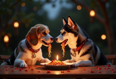 A beagle and a husky eating the same spaghetti noddle as they share a romantic, candlelit dinner under the stars.
