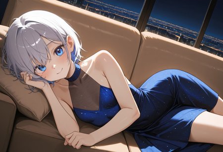 (masterwork,wallpaper, masterpiece, best quality, hyper-detailed, 8k uhd::1.4, very aesthetic, absurdres, newest), 
1girl, anatomically correct, proper proportions, detailed eye,
small slim girl, disheveled silver-haired, blue eyes, blue sleeveless halter high neck long intricate dress, transparent intricate black fabric covering collarbone and upper chest,
laying on cozy sofa, 
happiness, gentle gaze, gentle smile, looking at viewer,
detailed environment, night scene, windows, cityscape, city lights, professional lighting, warm ambient lighting, soft shadows, volumetric lighting, clear composition, solo focus, dynamic angle, high angle shot,