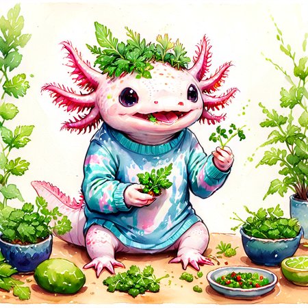 (watercolor artwork of:1.5) 2d,  <lora:axomodel2:1>  axomodel2,  axolotl wearing jumper clothing,  eating cilantro food,