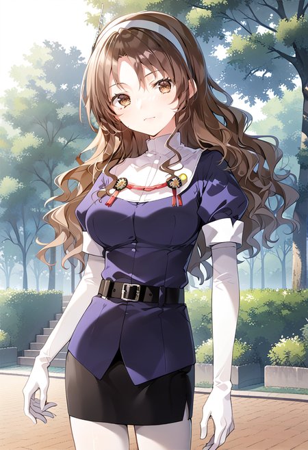1girl, solo, standing, cowboy shot, park, brown_hair, long hair, wavy hair, headband, medium breasts,         ashigaradefkc, shirt_short_sleeves, purple shirt, plain shirt,  white gloves, elbow gloves, black belt, black skirt, pencil skirt, white pantyhose, grey boots,    <lora:KC_03HC_ashigara_pony-000048:1>, score_9,score_8_up, score_7_up, source_anime, masterpiece, best quality,  official art, official style, game cg, megami magazine, rating_safe, rating_questionable, <lora:Fixhands_anime_bdsqlsz_V1:0.75>, NEGATIVE_HANDS